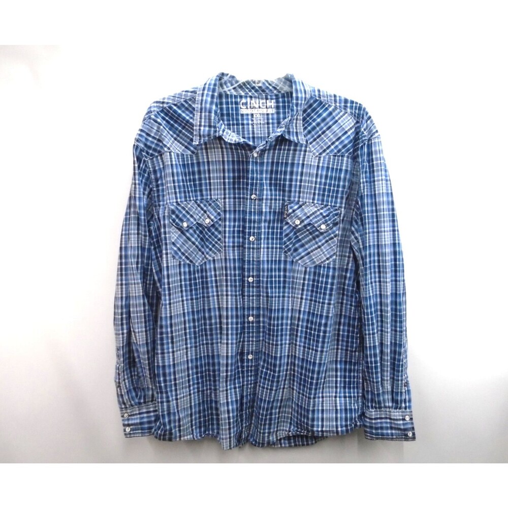 Cinch Shirt Mens 2XL Blue Plaid Modern Fit Pearl Snap Western Sawtooth Pocket